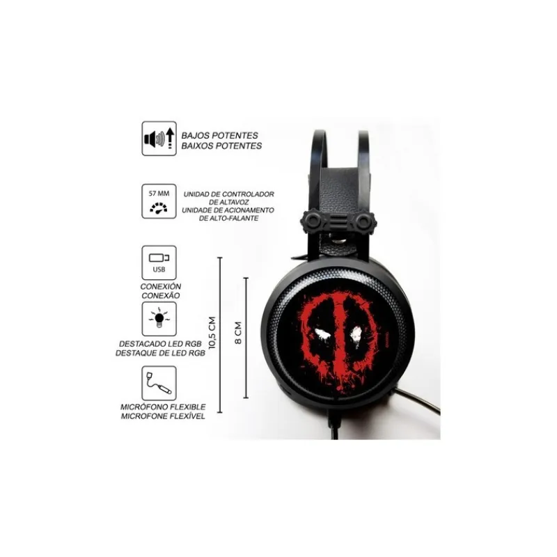 Ert Group Superhéroes Marvel^Auriculares Gaming Deadpool Marvel con Sonido 7.1 y LED