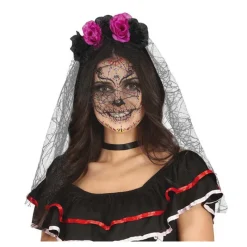 Hot Diadema Flores Lila y Negras con Velo Diademas, Tiaras Y Coronas Disfraces |Accesorios Halloween Y Terror