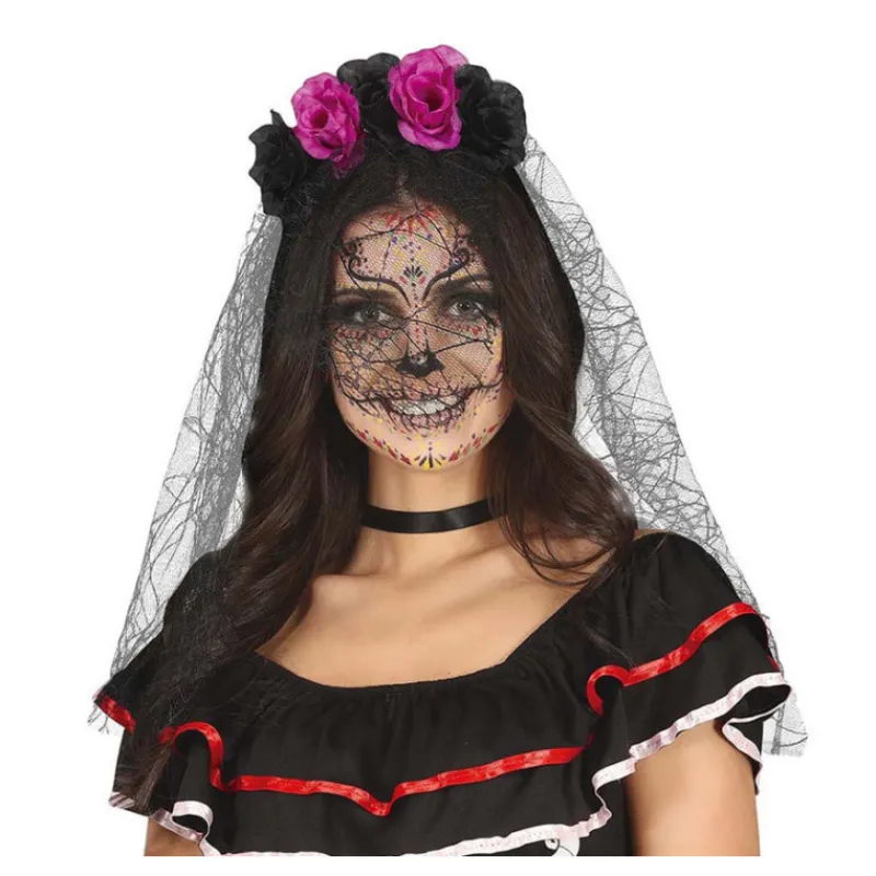 Hot Diadema Flores Lila y Negras con Velo Diademas, Tiaras Y Coronas Disfraces |Accesorios Halloween Y Terror