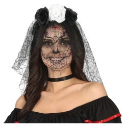 Disfrazzes Diademas, Tiaras Y Coronas Disfraces |Accesorios Halloween Y Terror ^Diadema Flores Negras y Blancas con Velo