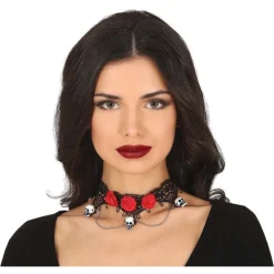 Gargantilla con Calaveras y Rosas Rojas Complementos Para Disfraces|Accesorios Halloween Y Terror