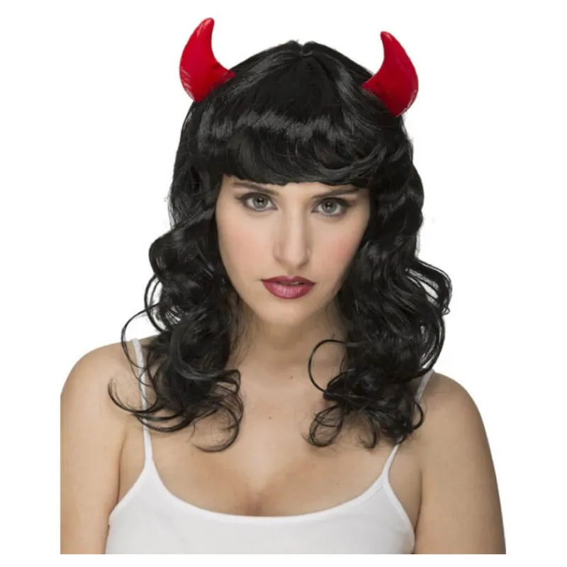 Outlet Peluca Negra ondulada con Cuernos de Demonia Pelucas, Barbas Y Bigotes Disfraces|Accesorios Halloween Y Terror