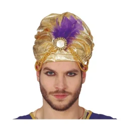 Clearance Turbante Dorado con Pluma Morada para hombre Sombreros Y Cascos Para Disfraces